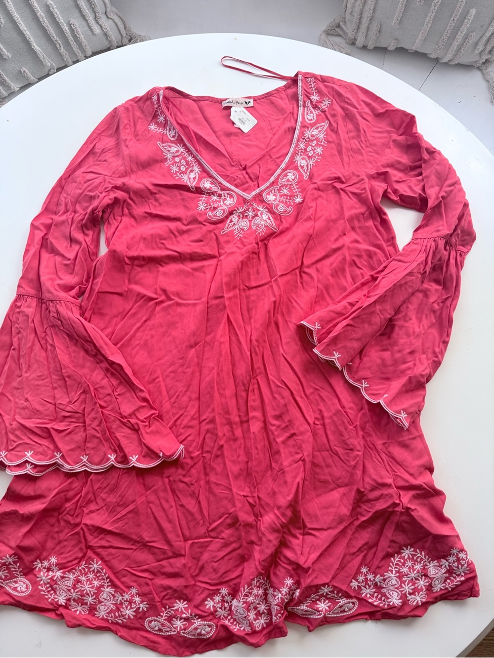 Double Zero Coral Pink Embroidered V-Neck Tunic